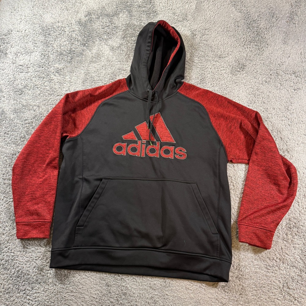 Adidas Climawarm Hoodie XL Black Red Raglan Embroidered Logo Mens Pullover